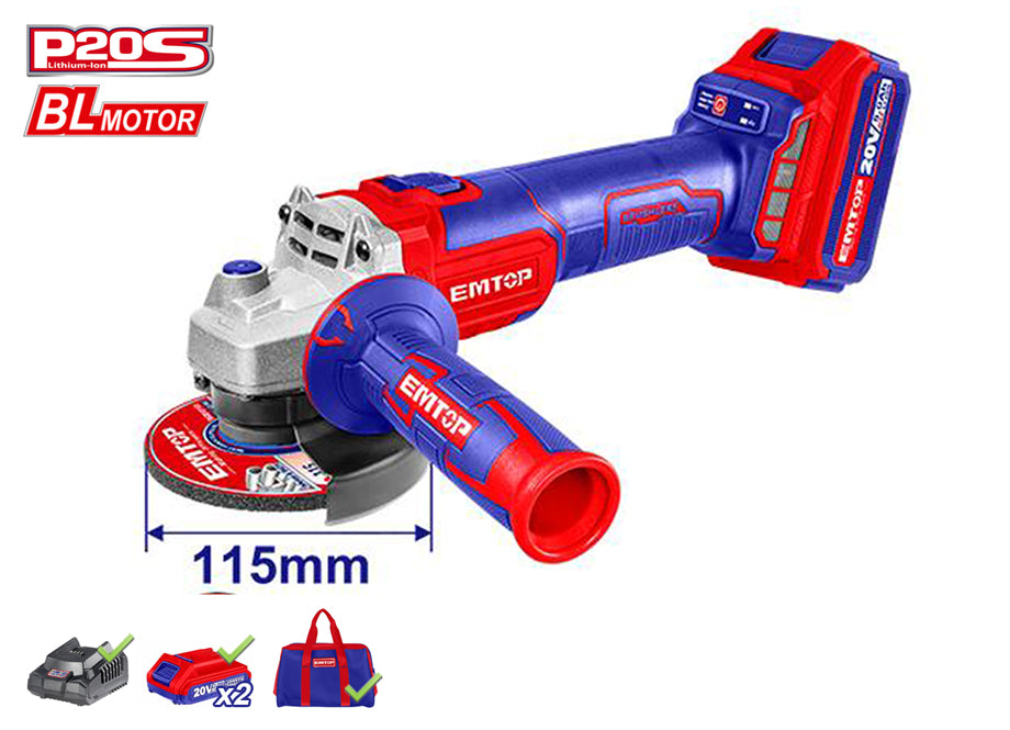 AMOLADORA 115MM M14 20V BRUSHLESS EMTOP P20S (CON 2xBAT 5,0Ah, CARGADOR, BOLSA Y 10xDISCO)