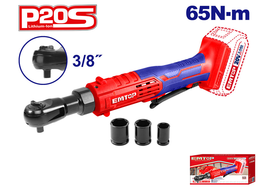 LLAVE CARRACA 65N-m 3/8" EMTOP BATERÍA 20V - P20S - (NO INCLUYE BATERÍA NI CARGADOR)