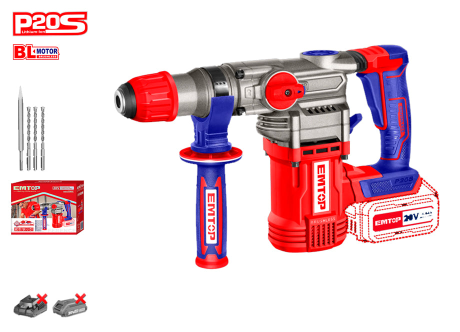 MARTILLO PERCUTOR SDS PLUS BATERIA EMTOP 20V 4,5J P20S (INCLUYE 3 BROCAS Y 1 CINCEL)