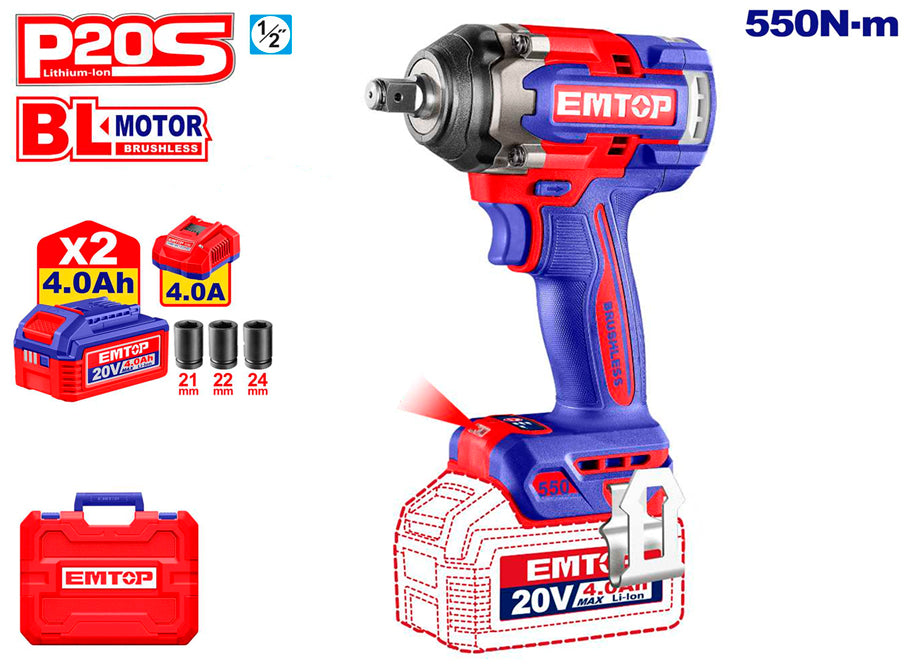 PISTOLA DE IMPACTO 1/2" 550NM EMTOP BATERÍA 20V - P20S - (CON VASOS 21-22-24; BAT X2 4Ah, MALETIN)