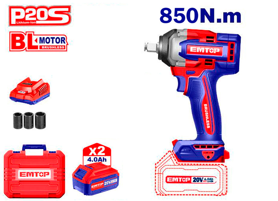 PISTOLA DE IMPACTO 1/2" 850NM EMTOP BATERÍA 20V - P20S - (CON VASOS 22-24-27; BAT X2 4Ah, MALETIN)