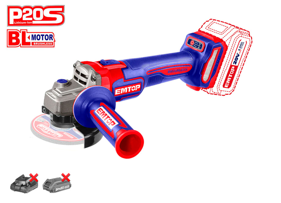 AMOLADORA 115MM M14 BATERIA 20V BRUSHLESS EMTOP P20S (BATERIA Y CARGADOR NO INCLUIDOS)