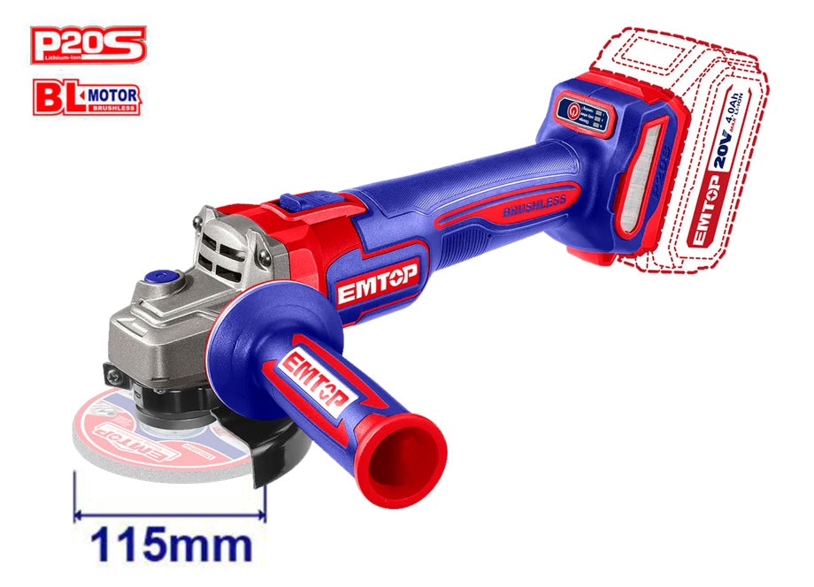 AMOLADORA 115MM M14 BATERIA 20V BRUSHLESS EMTOP P20S (BATERIA Y CARGADOR NO INCLUIDOS)