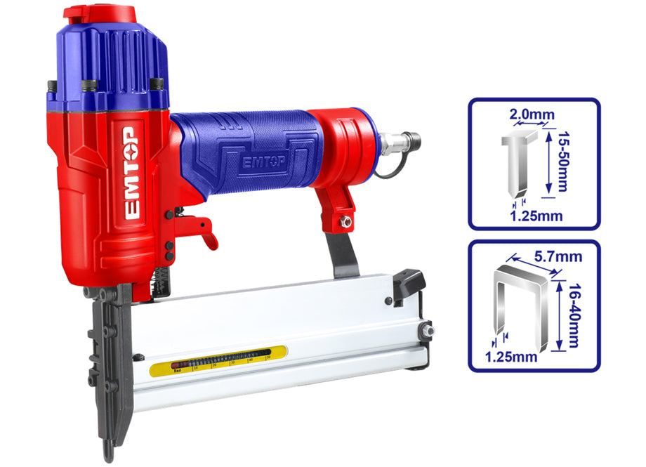 CLAVADORA 2EN1 NEUMATICA EMTOP PARA COMPRESOR 15-50mm (INCLUYE GRAPAS Y CLAVOS)