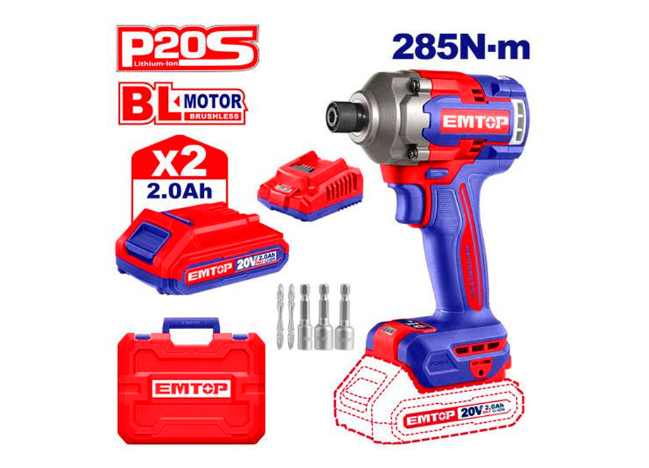 DESTORNILLADOR DE IMPACTO 1/4" 285NM BATERÍA 20V - P20S - (INCLUYE 2 BATERÍAS Y CARGADOR) EMTOP