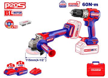 KIT TALADRO + AMOLADORA 20V BATERIA P20S EMTOP (CON BATERÍAS 1x2.0Ah 1x4.0Ah, CARGADOR, MALETÍN)