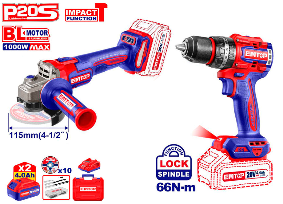KIT TALADRO 66NM + AMOLADORA 115MM 20V BATERIA P20S EMTOP (CON BATERÍAS 2x4.0Ah, CARGADOR, MALETÍN)