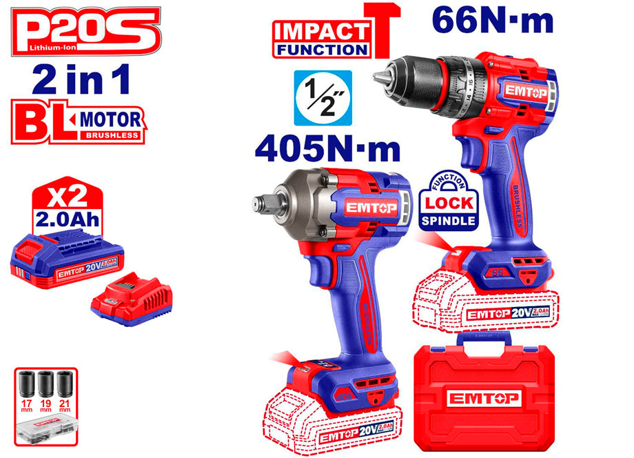KIT TALADRO 66NM + PISTOLA IMPACTO 405NM 20V EMTOP (INCLUYE 2 BATERIAS 2Ah, CARGADOR, MALETIN)
