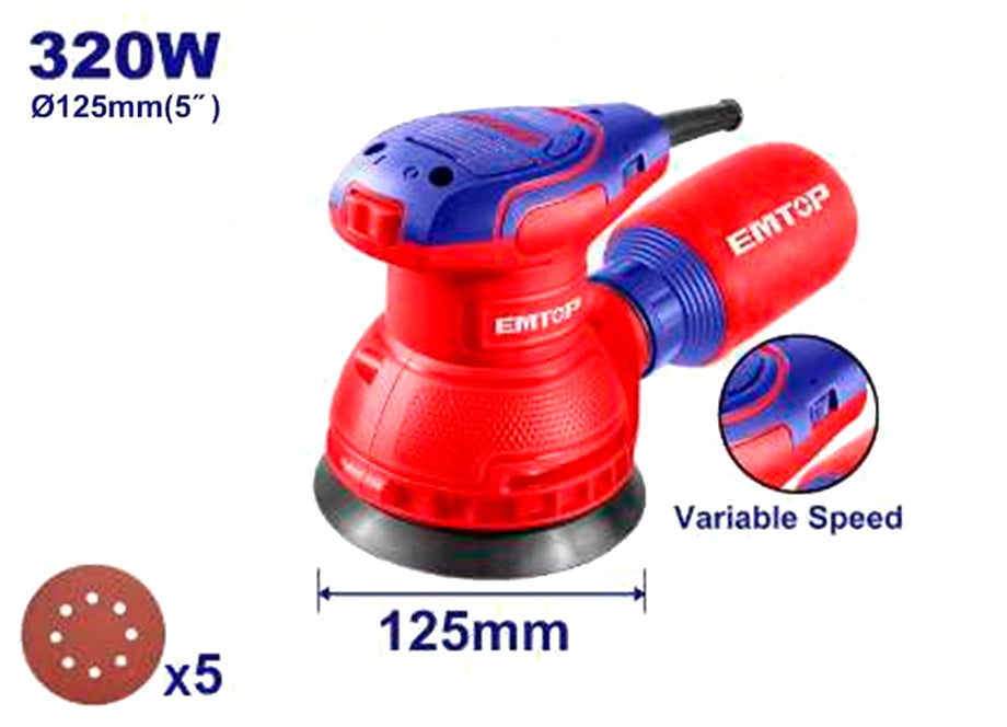 LIJADORA ROTO ORBITAL ELECTRICA 320W EMTOP 125MM - BASE VELCRO (INCLUYE 5 LIJAS)