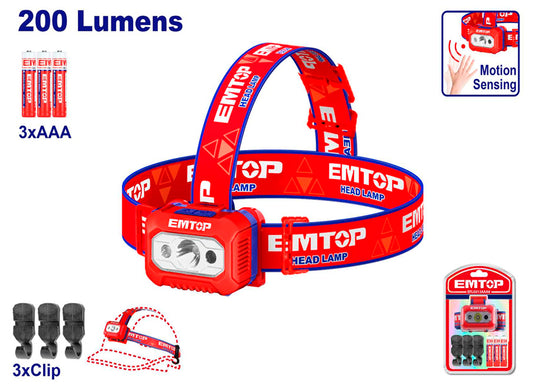 LINTERNA FRONTAL LED PARA CABEZA 200lm EMTOP - SENSOR MOVIMIENTO (INCLUYE 3 PILAS AAA)