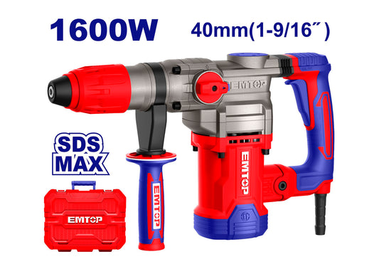 MARTILLO DEMOLICION 1600W 10J EMTOP (TIPO SDS MAX - CON MALETIN, 2 BROCAS + 2 CINCELES)