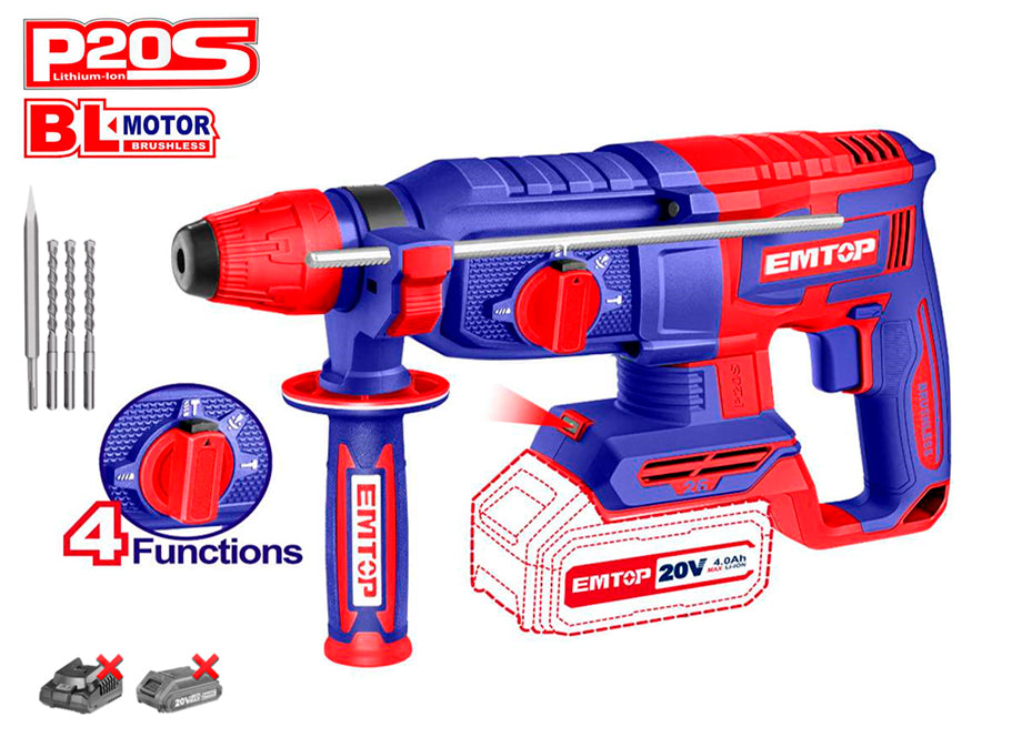 MARTILLO SDS PLUS BATERIA EMTOP 20V 2,5J 26mm P20S (INCLUYE 3 BROCAS Y 1 CINCEL)