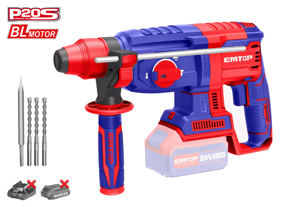 MARTILLO SDS PLUS BATERIA EMTOP 20V 2J 26mm P20S (INCLUYE 3 BROCAS Y 1 CINCEL)