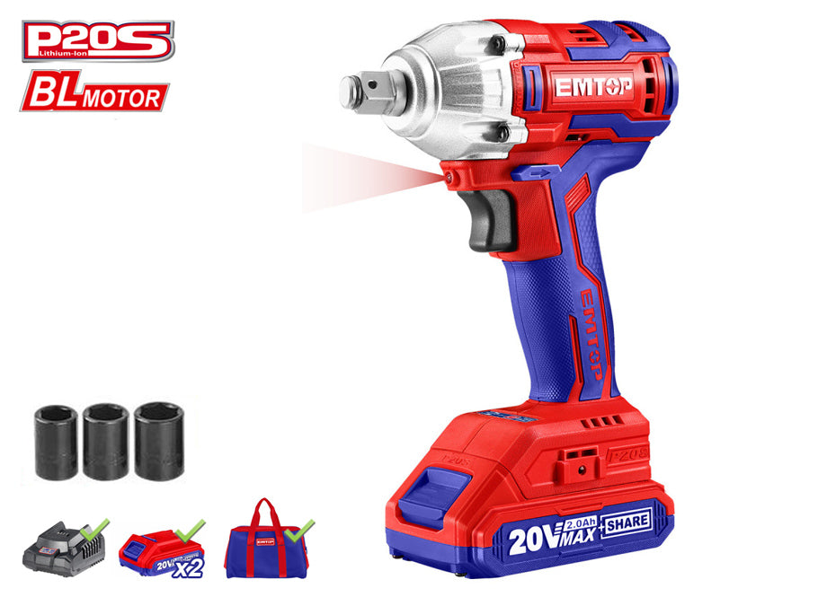 PISTOLA DE IMPACTO 1/2" 300NM EMTOP BATERÍA 20V - P20S - (CON VASOS 17-19-21; BAT X2, CARG, BOLSA)