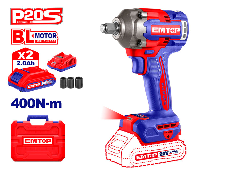 PISTOLA DE IMPACTO 1/2" 400NM EMTOP BATERÍA 20V - P20S - (CON VASOS 17-19-21; BAT X2, CARG, MALETIN)