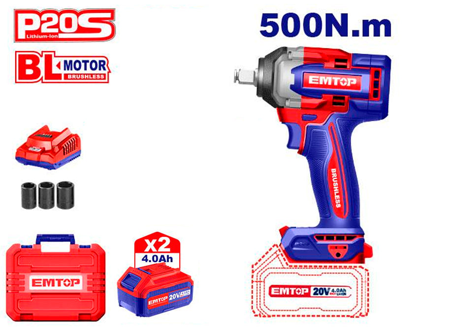 PISTOLA DE IMPACTO 1/2" 500NM EMTOP BATERÍA 20V - P20S - (CON VASOS 21-22-24; BAT X2 4Ah, MALETIN)