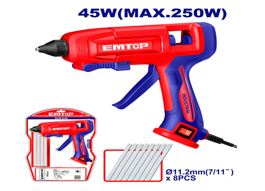PISTOLA ELECTRICA SILICONA 45W EMTOP (INCLUYE 8 BARRAS PEGAMENTO 11.2mm)