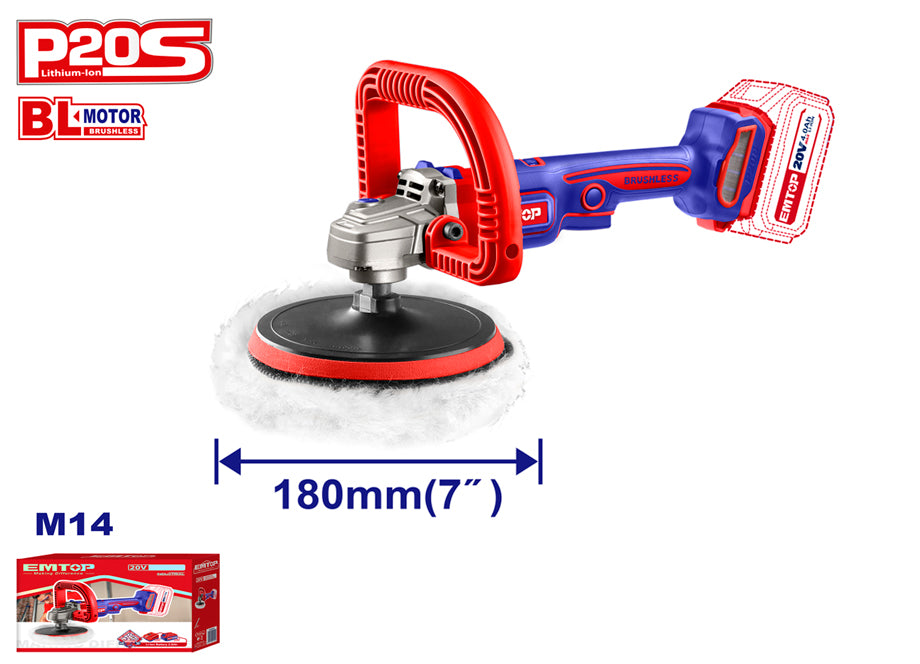 PULIDORA 180MM BATERIA 20V EMTOP P20S (BATERIA Y CARGADOR NO INCLUIDOS)