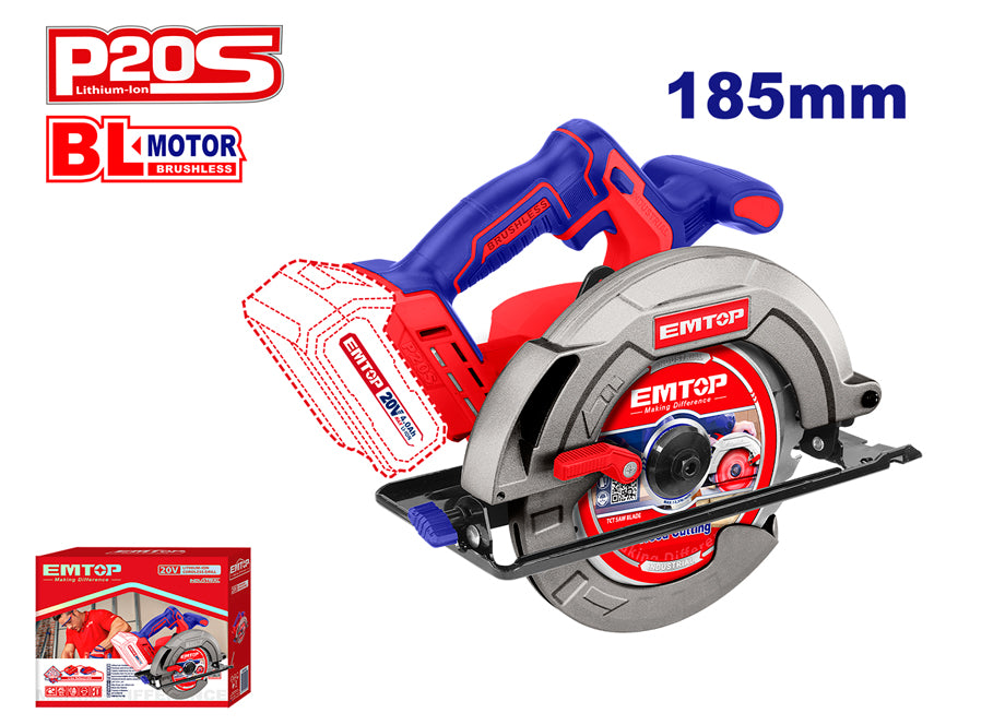 SIERRA CIRCULAR 185MM EMTOP BATERÍA 20V - P20S - (1 DISCO - NO INCLUYE BATERÍA NI CARGADOR)
