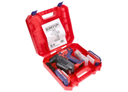 TALADRO BATERIA EMTOP 20V 45NM 15+1 P20S (INCLUYE 2 BATERIAS 2Ah, CARGADOR, MALETIN)