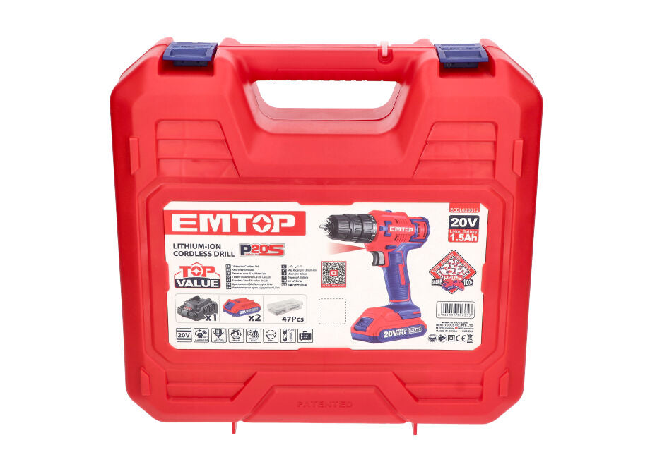 TALADRO BATERIA EMTOP 20V 45NM 15+1 P20S (INCLUYE 2 BATERIAS 2Ah, CARGADOR, MALETIN)