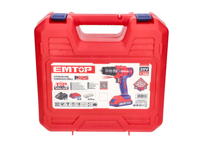 TALADRO BATERIA EMTOP 20V 45NM 15+1 P20S (INCLUYE 2 BATERIAS 2Ah, CARGADOR, MALETIN)